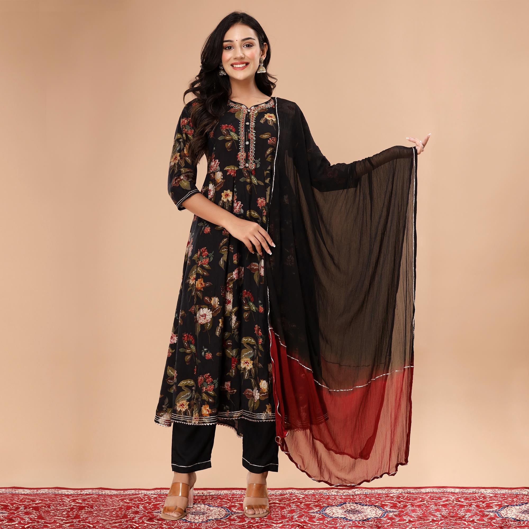 Black Floral Printed And Gota Work Muslin Anarkali Suit
