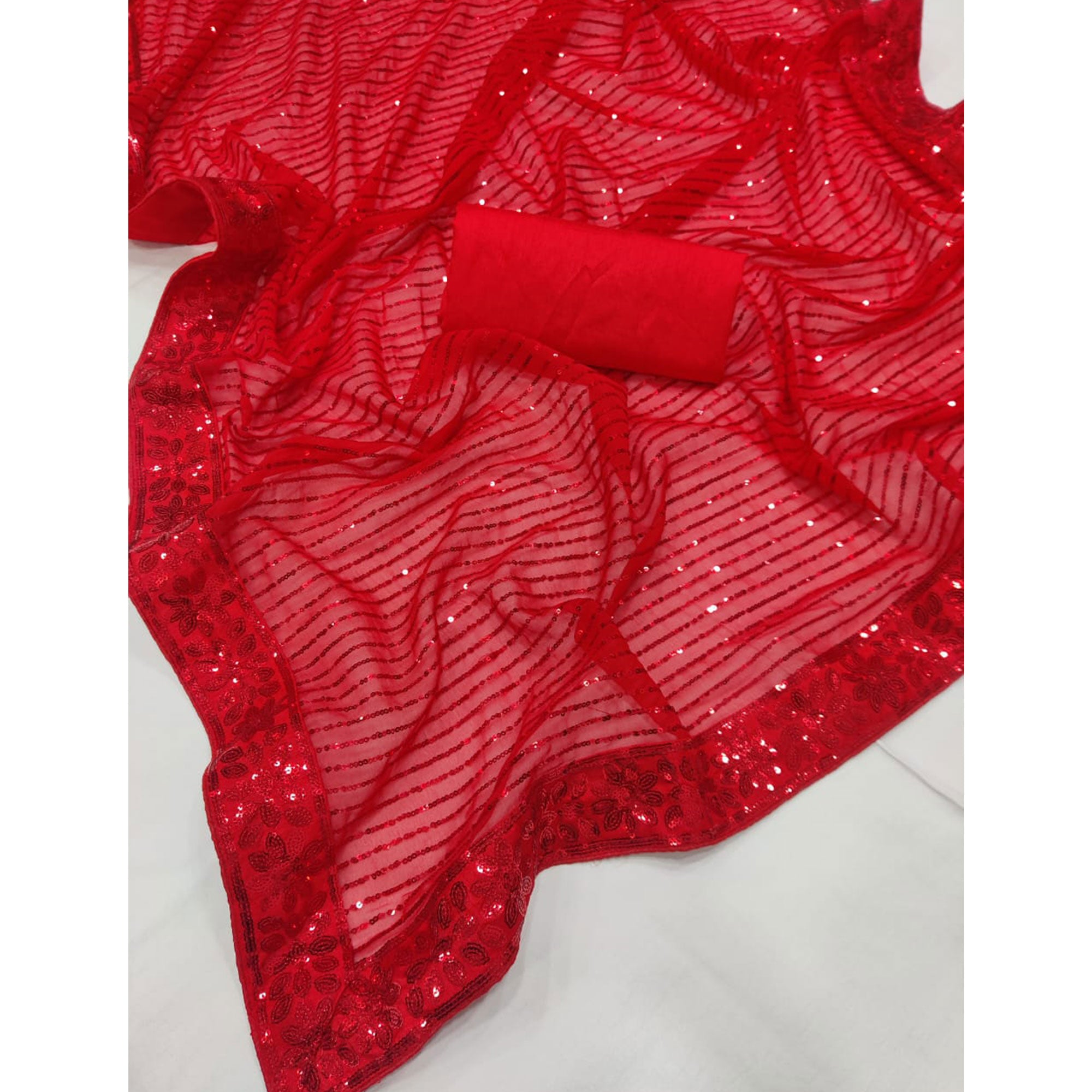 Red Sequins Embroidered Georgette Saree