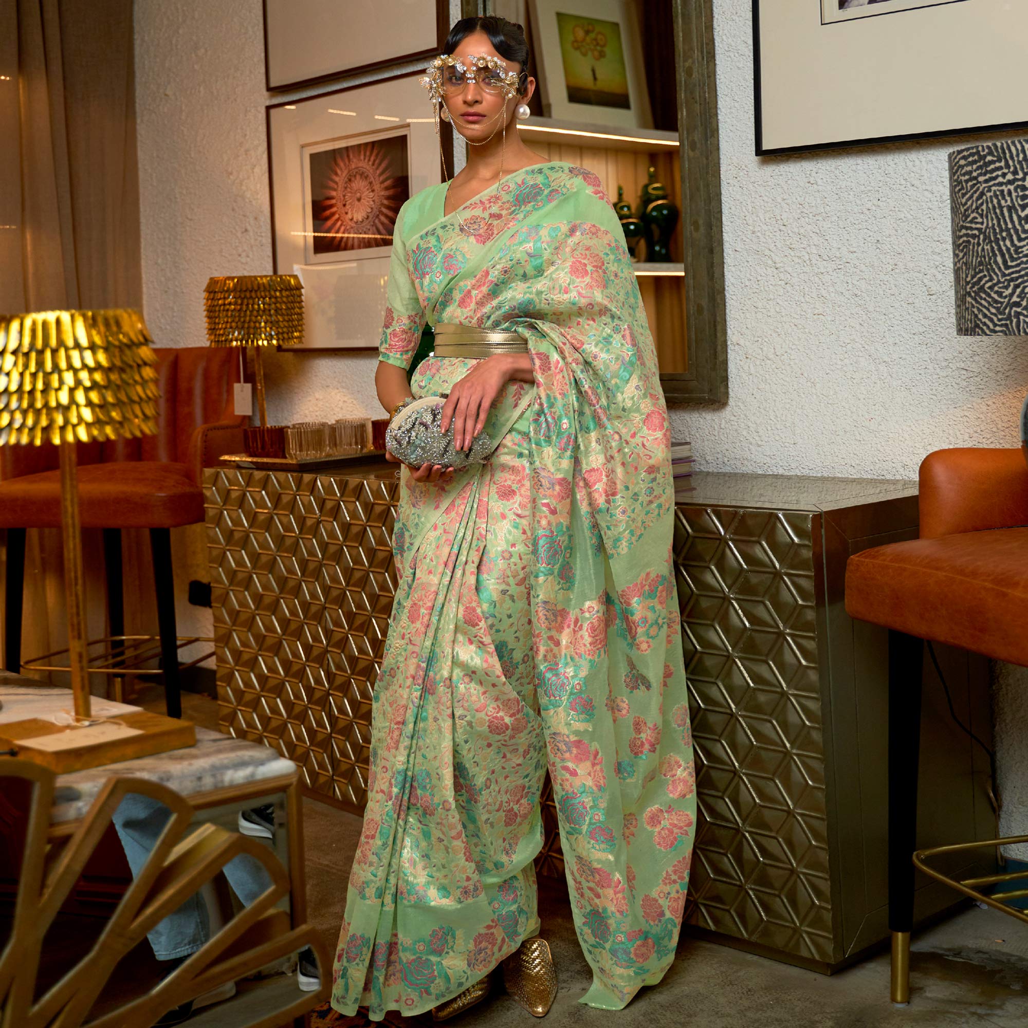 Green Floral Woven Art Silk Saree