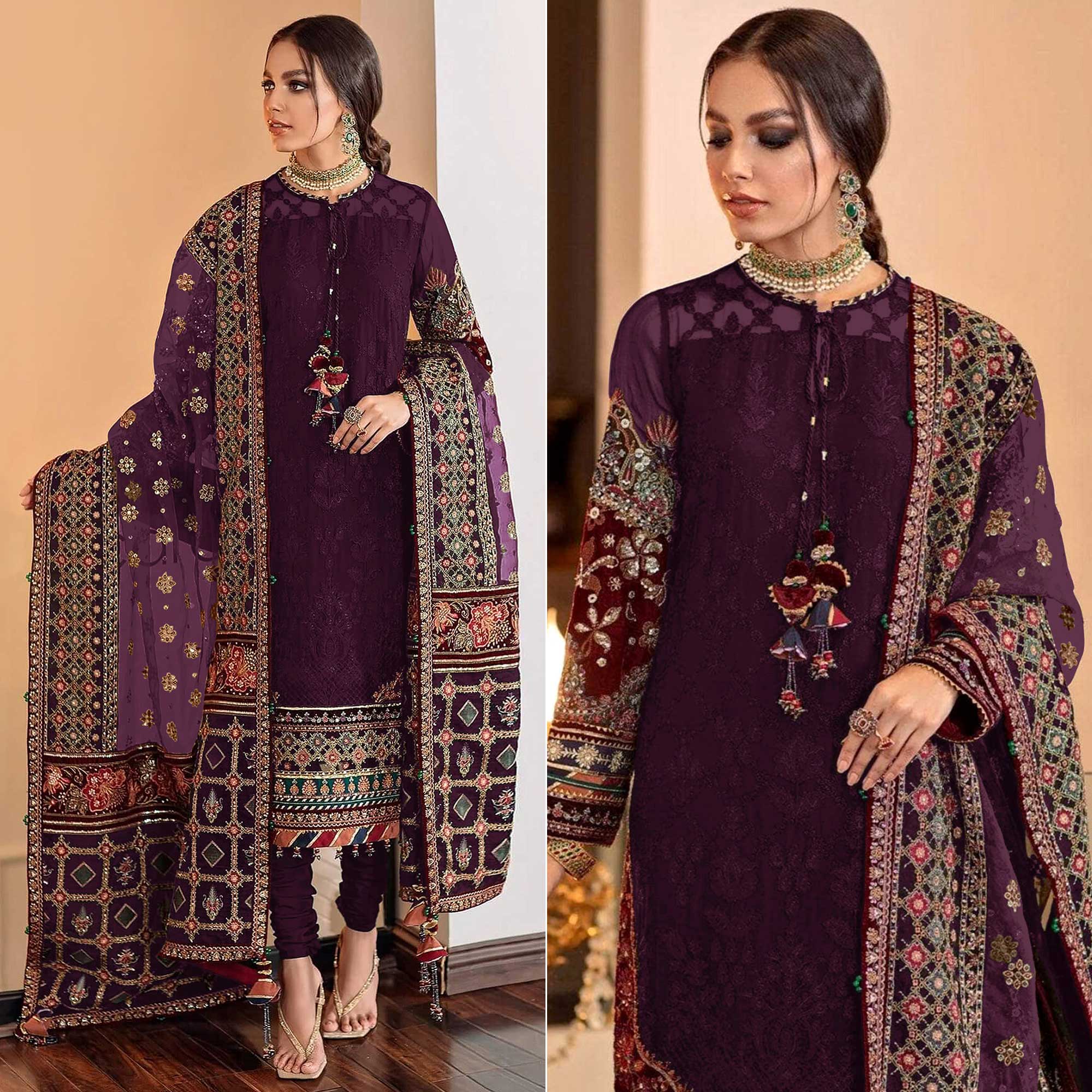 Purple Sequins Embroidered Georgette Pakistani Suit