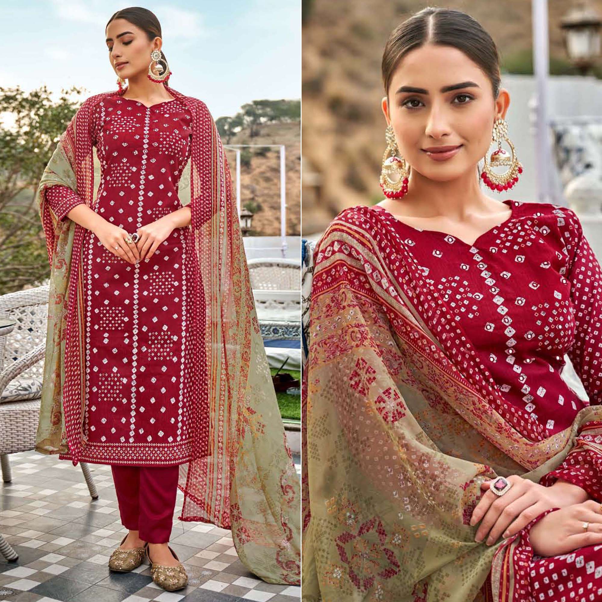 Red Bandhani Printed Pure Cotton Salwar Suit