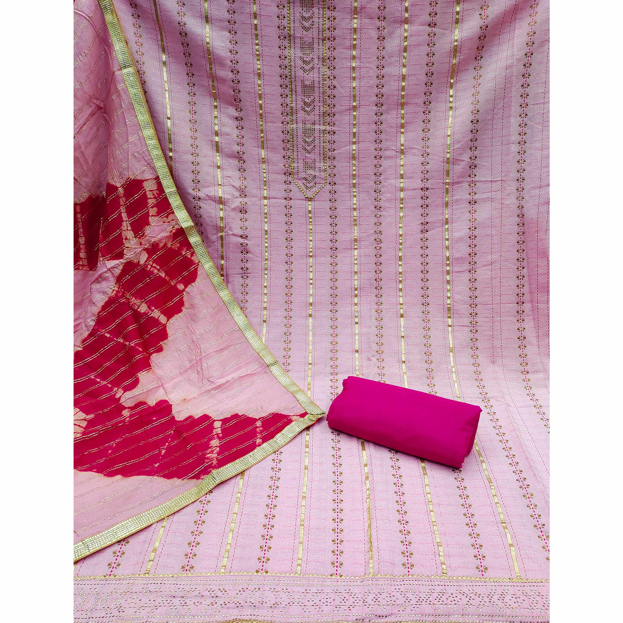 Pink Printed Cotton Blend Dress Material