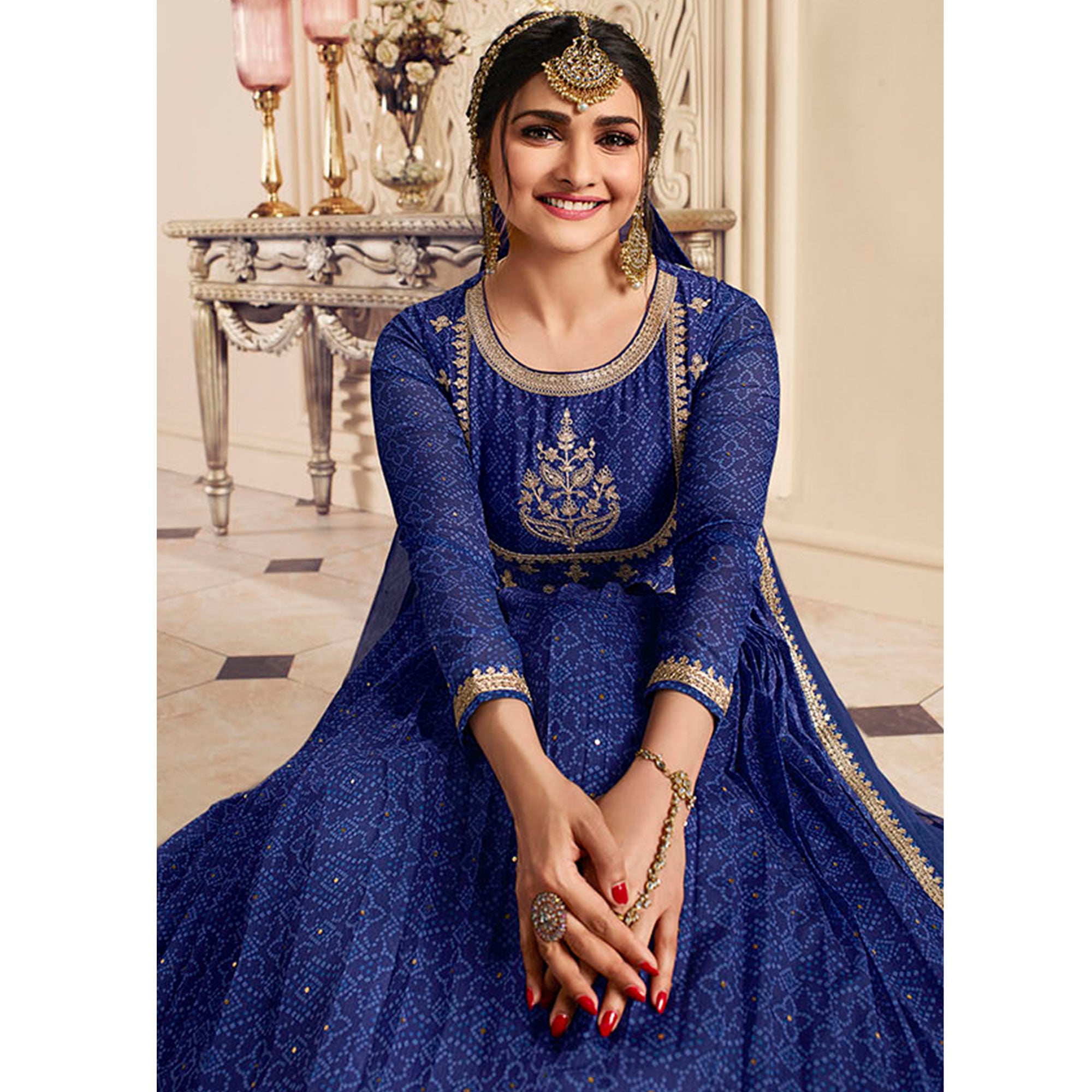 Blue Printed With Embroidered Chiffon Gown