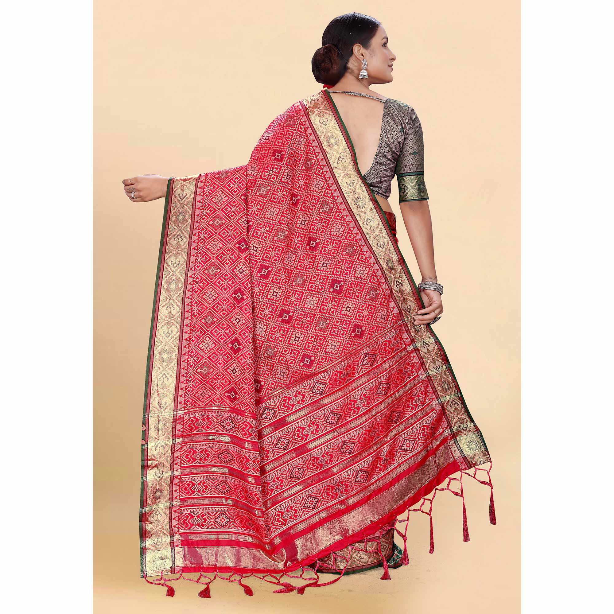 Pink Woven Patola Art Silk Saree With Tassels