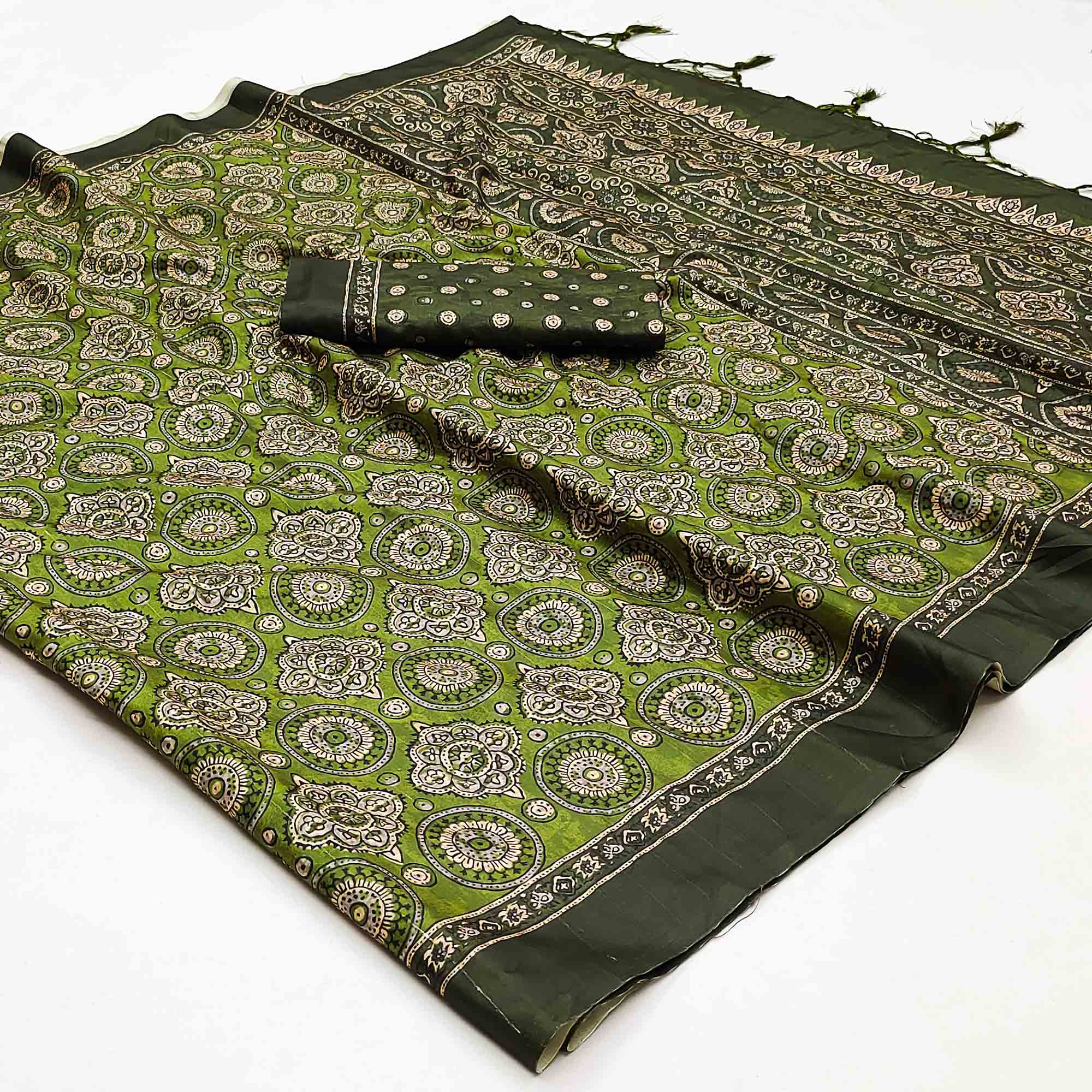Green Floral Digital Printed Tussar Silk Saree With Tassels