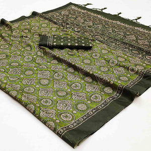 Green Floral Digital Printed Tussar Silk Saree With Tassels