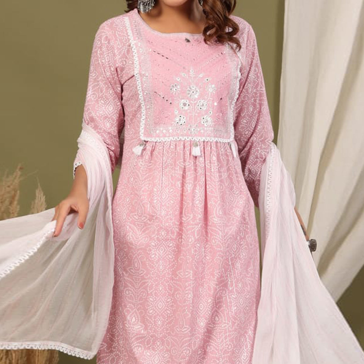 Pink Printed With Embroidered Pure Cotton Naira Cut Suit