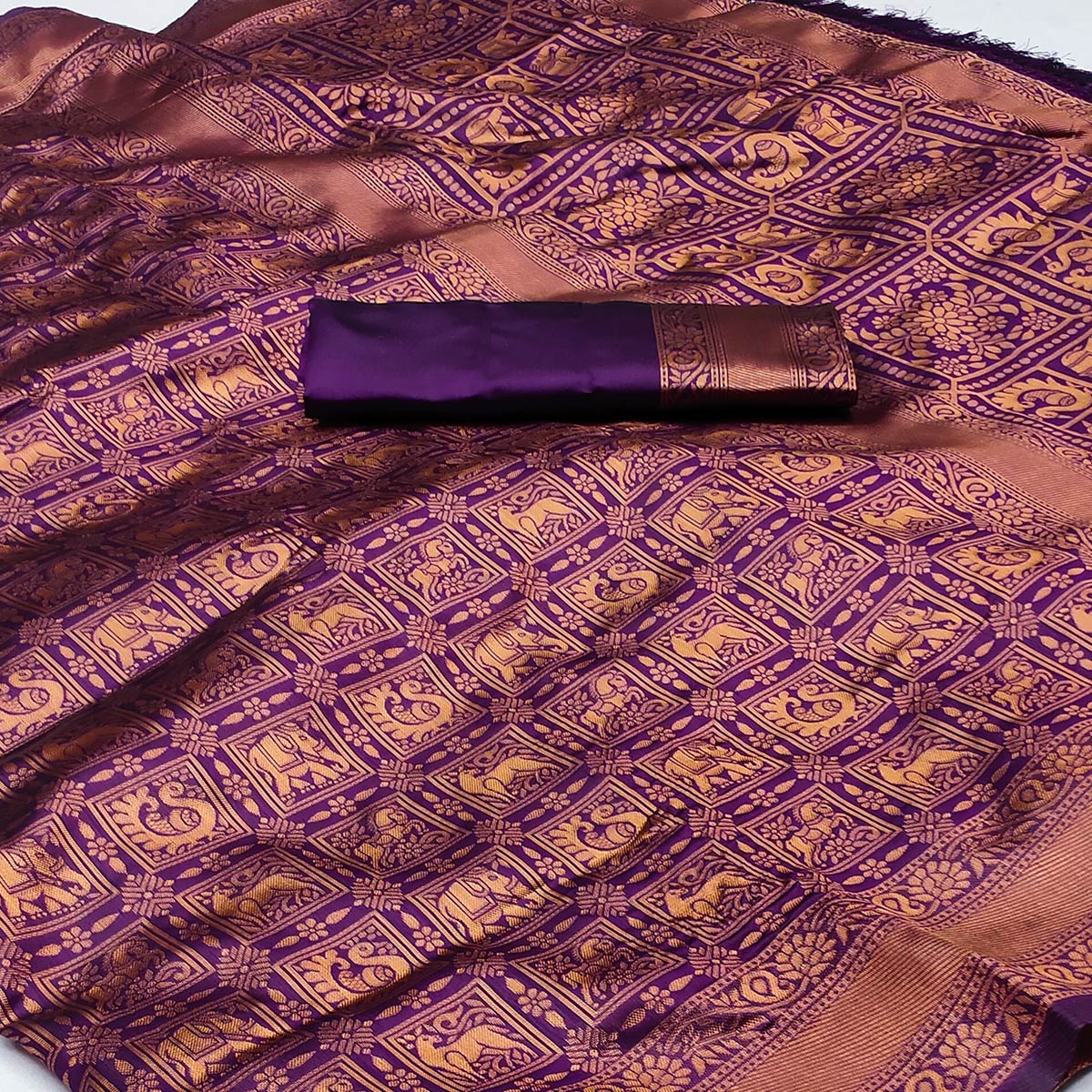 Purple Woven Jacquard Saree With Tassels