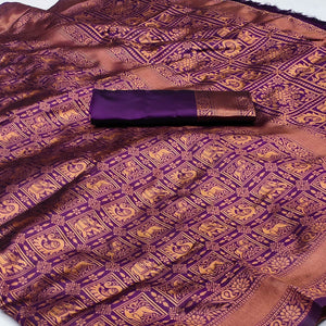 Purple Woven Jacquard Saree With Tassels