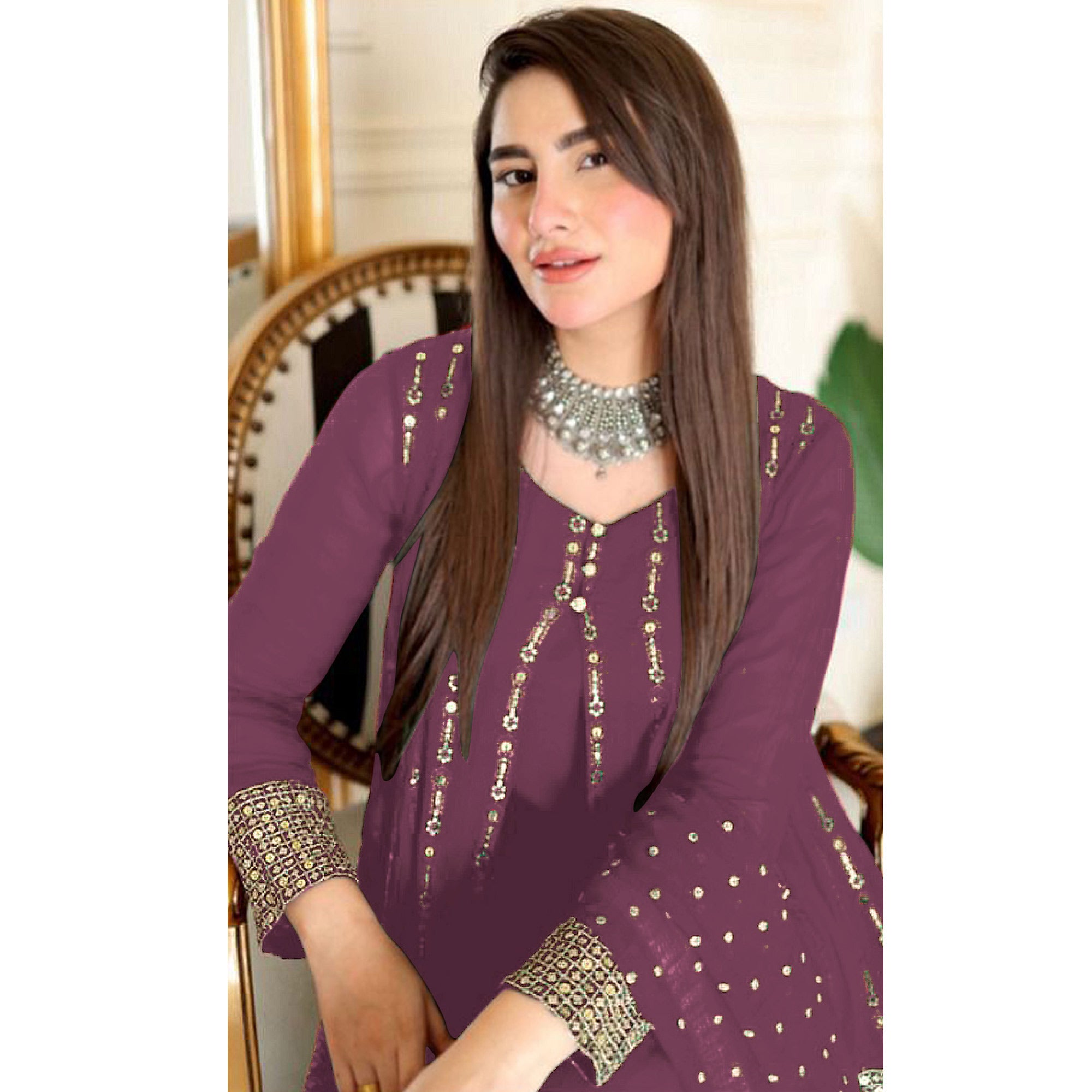 Mauve Sequins Embroidered Georgette Pakistani Suit