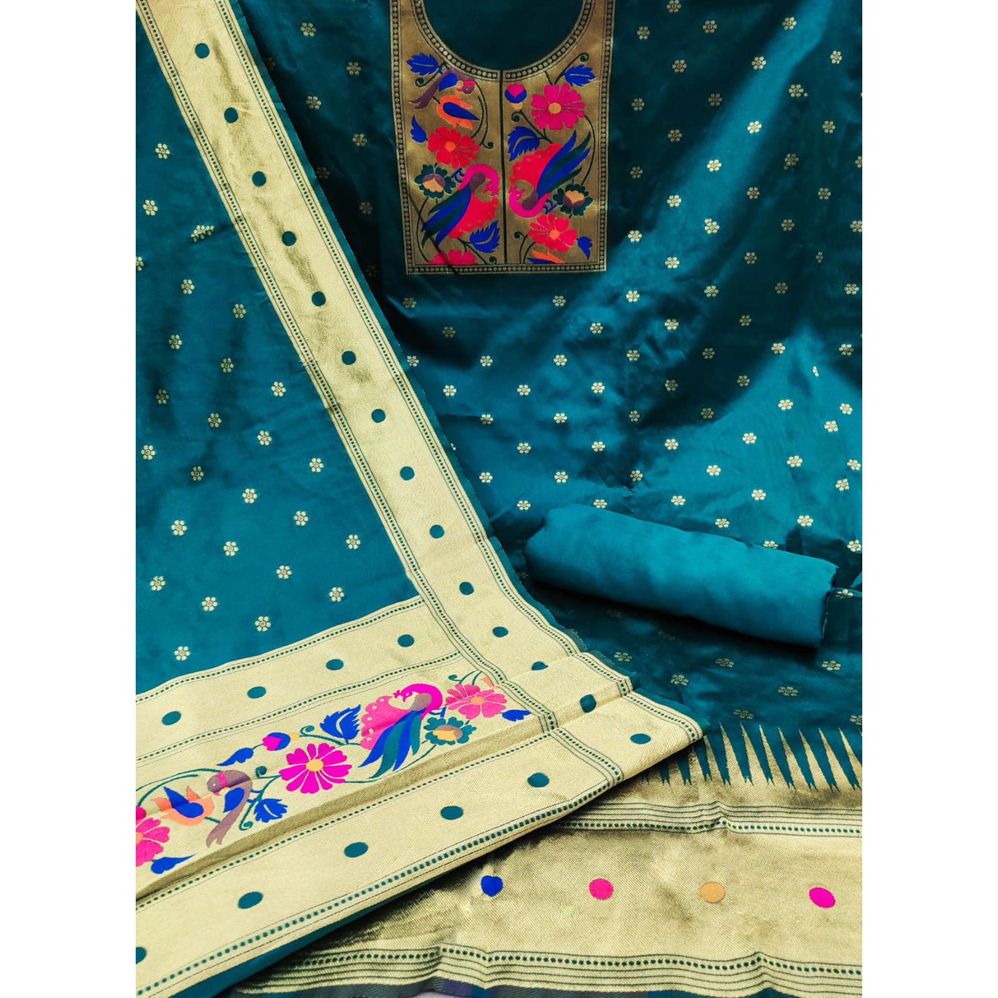 Rama Blue Woven Banarasi Silk Paithani Dress Material