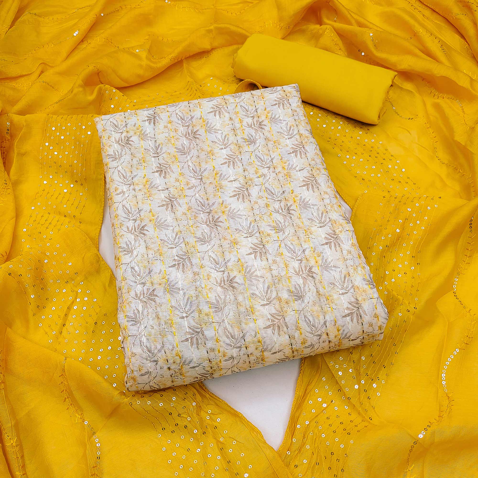Cream & Yellow Digital Printed With Embroidered Chanderi Dress Material