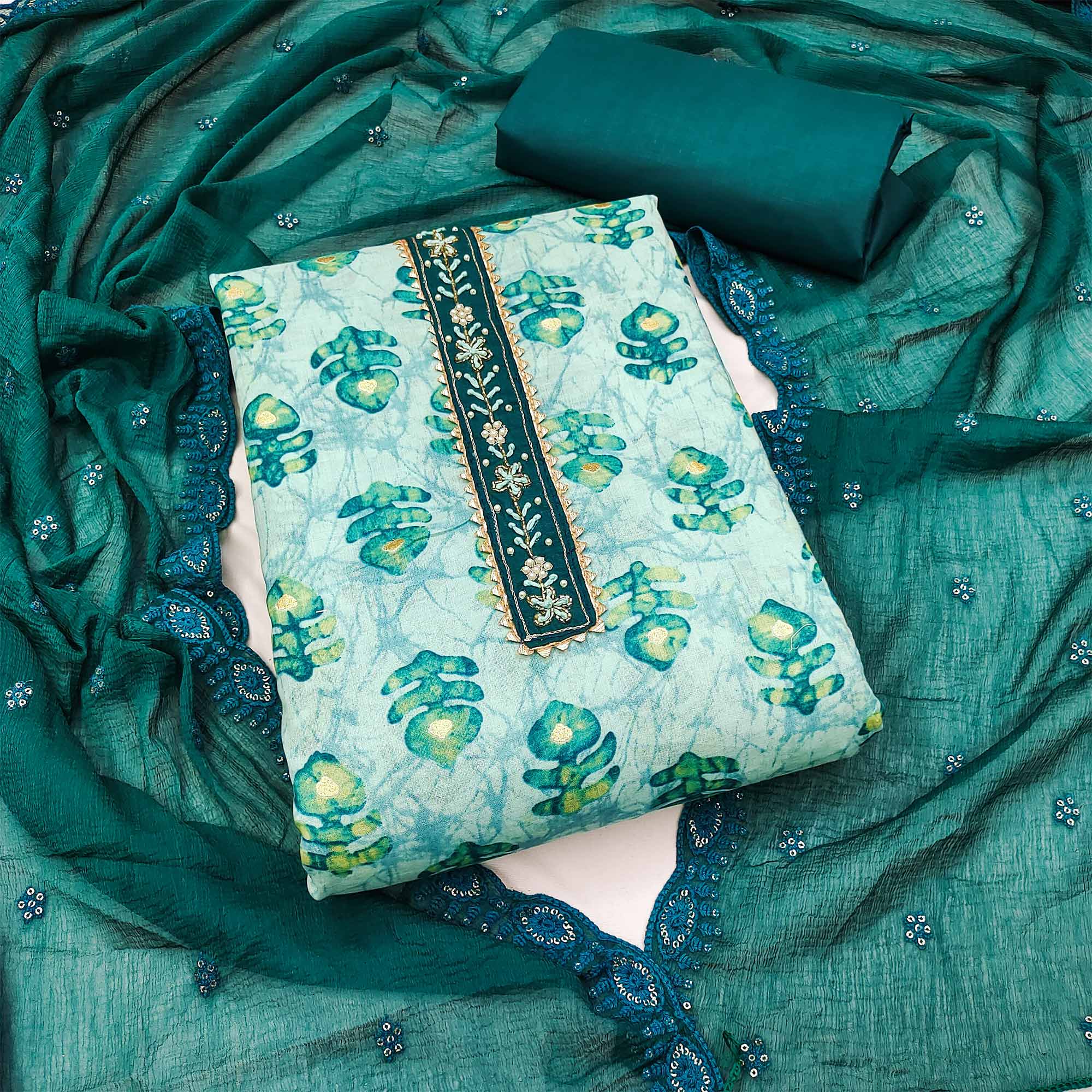 Green Printed Pure Cotton Dress Material