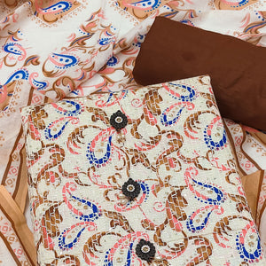 Cream-Blue Printed & Embroidered Pure Cotton Dress Material