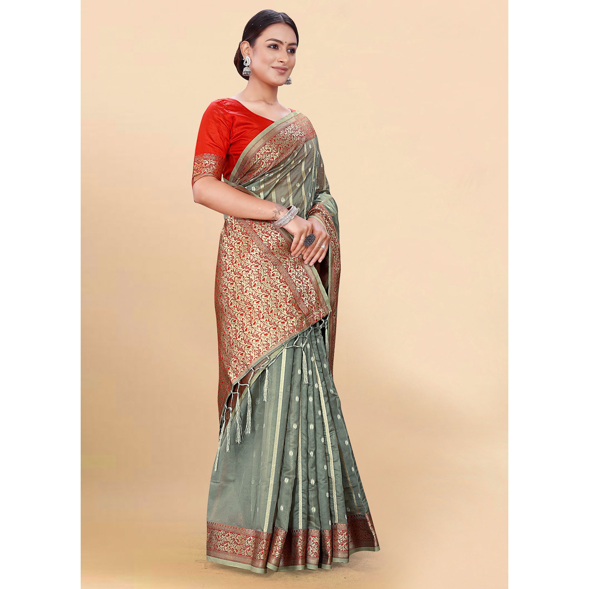 Grey Woven Organza Saree With Tassels
