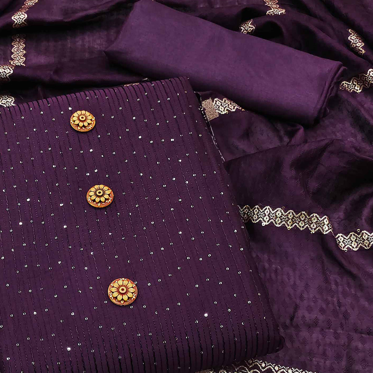 Wine Sequins Embroidered Chanderi Dress Material