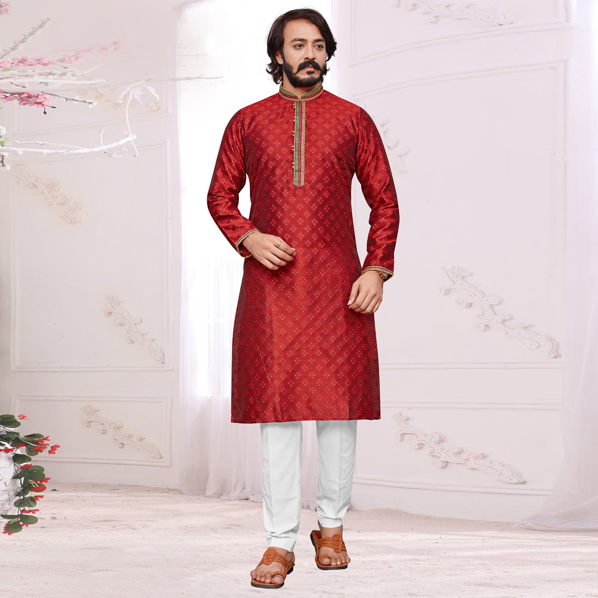 Red Woven Jacquard Kurta Pyjama Set