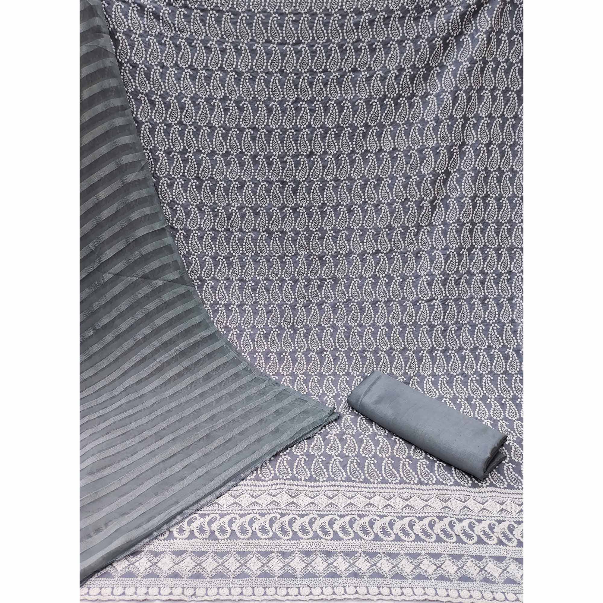 Grey Embroidered Cotton Blend Dress Material