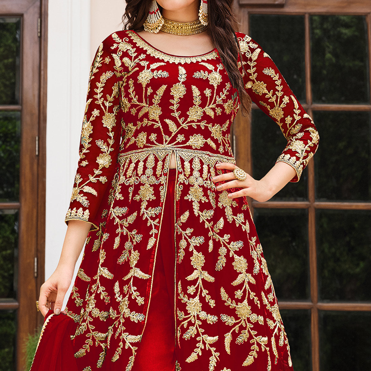Red Floral Embroidered Net Suit