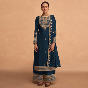 Teal Blue Sequins Embroidered Georgette Palazzo Suit