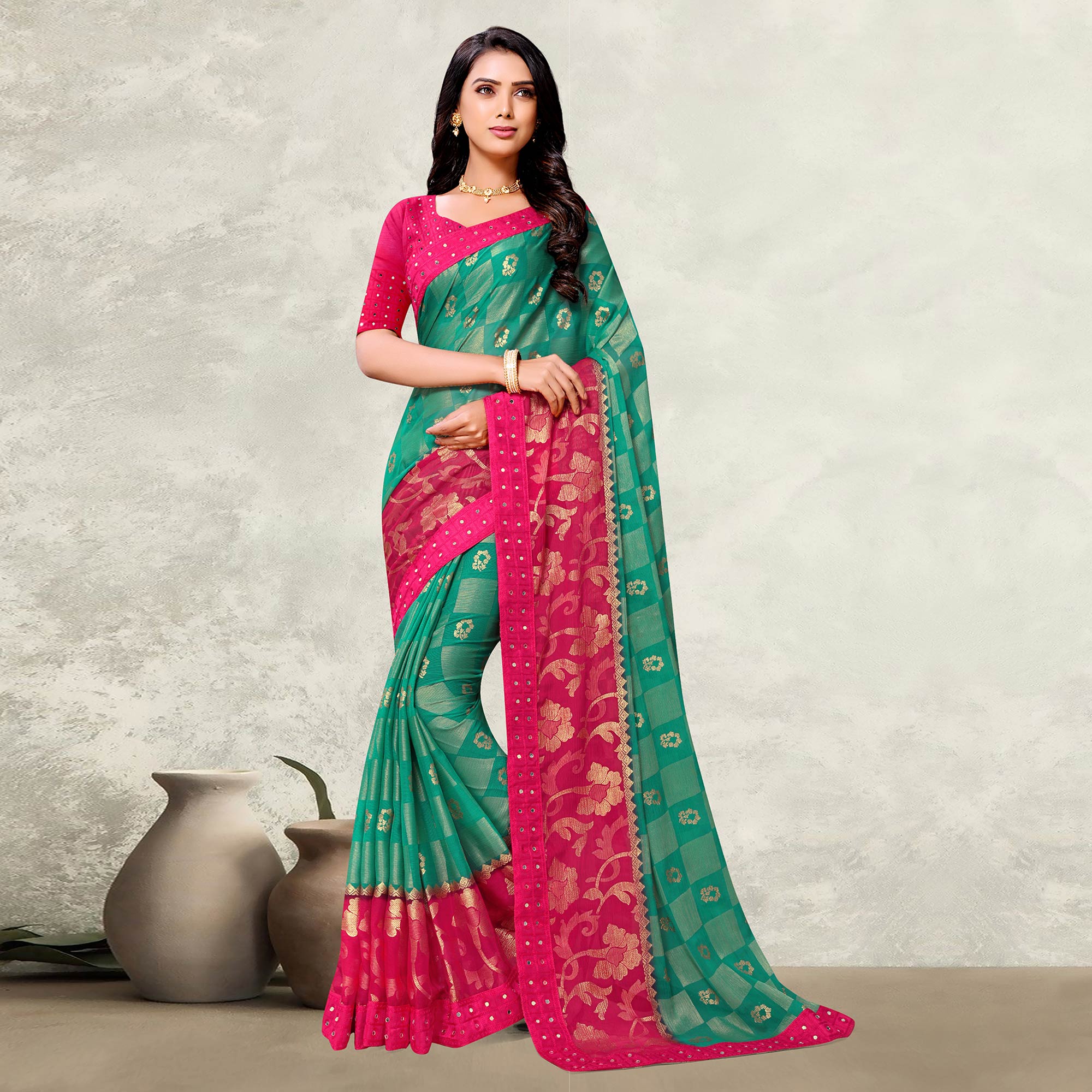 Sea Green Foil Printed Brasso Saree