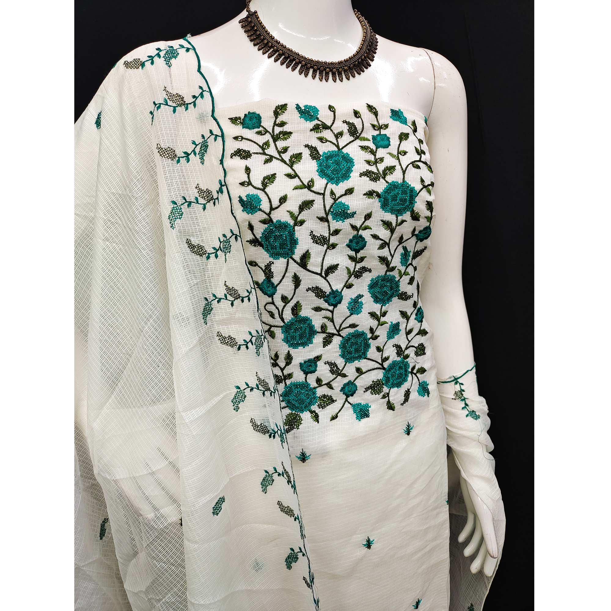 White Floral Sequins Embroidered Kota Doria Dress Material
