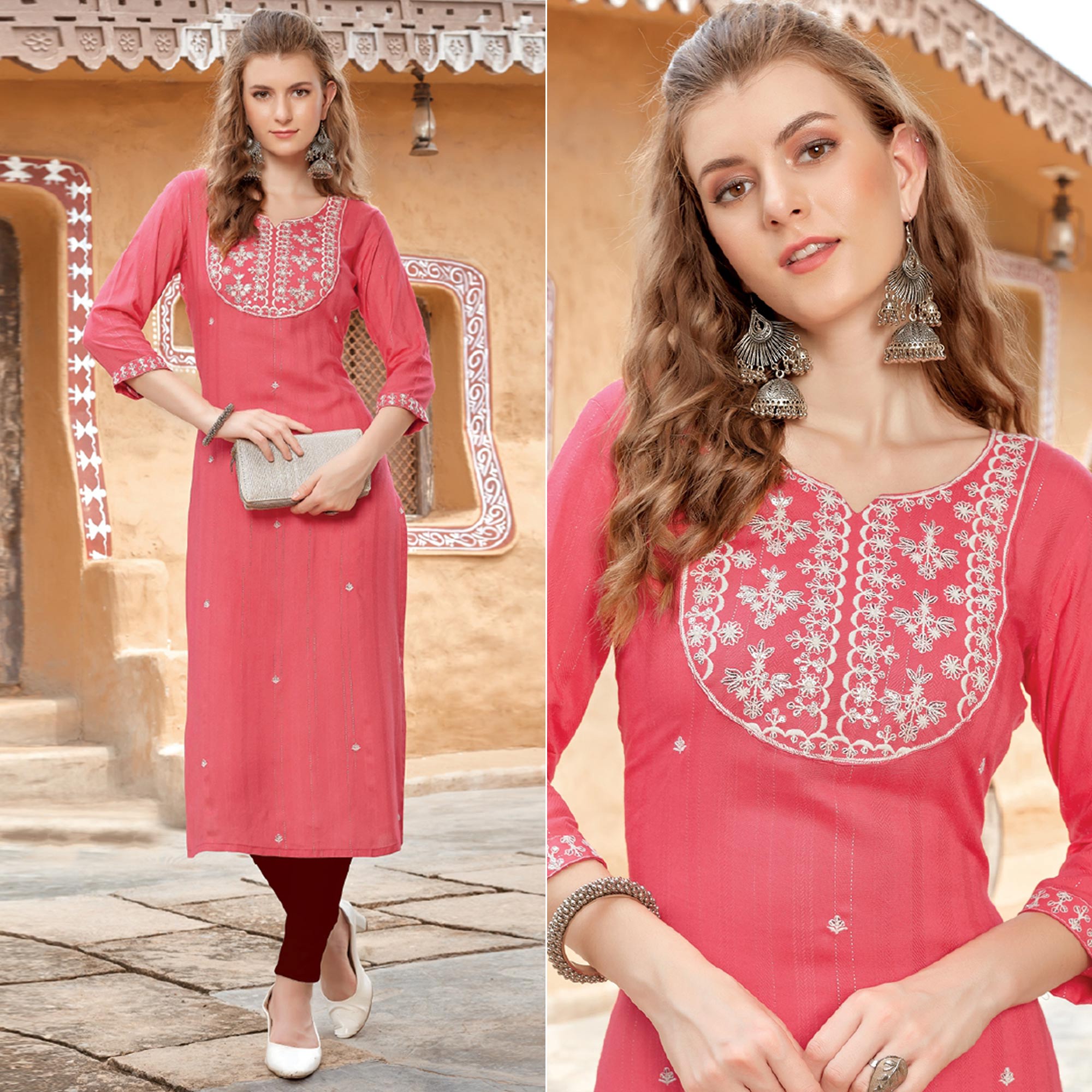 Pink Floral Embroidered Rayon Kurti