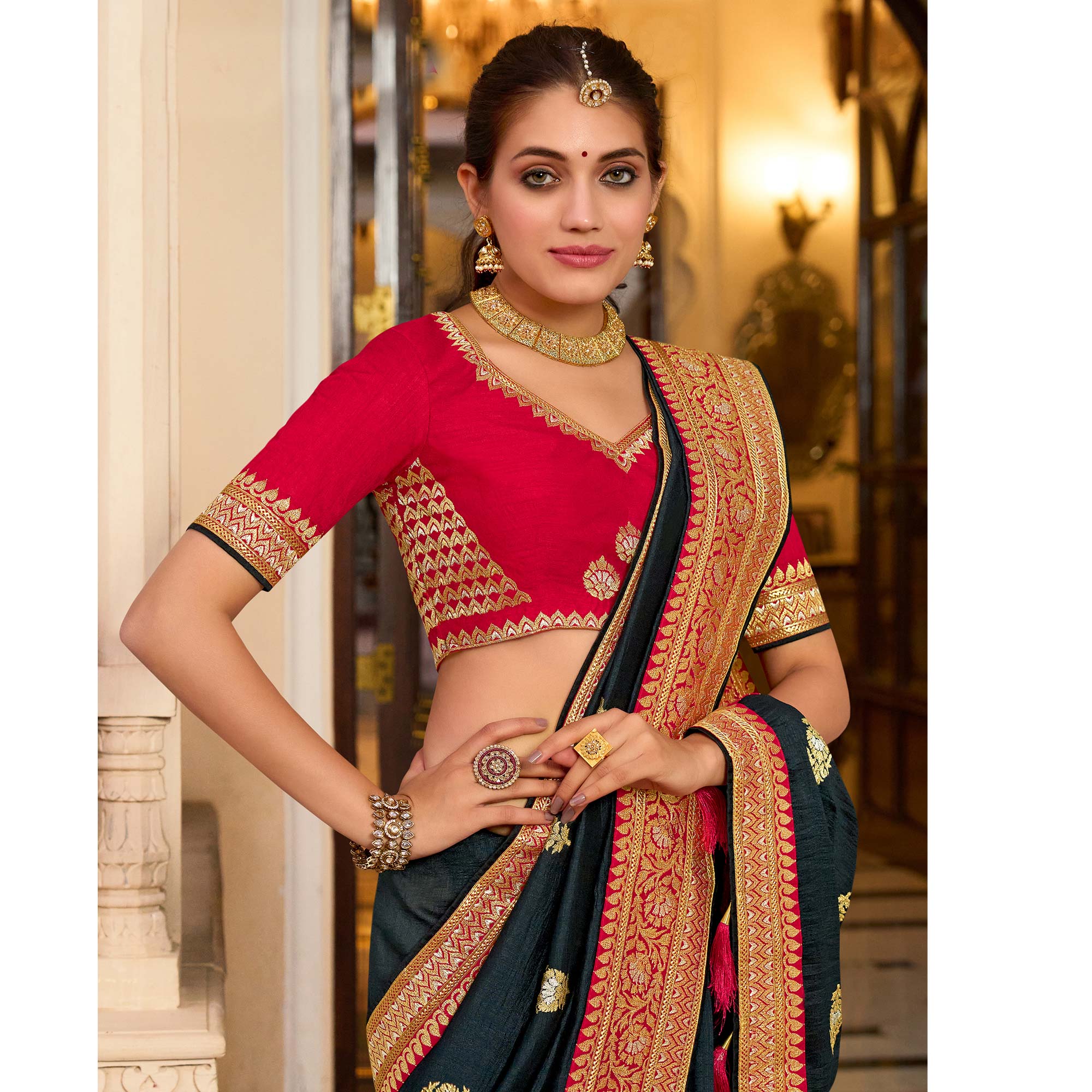 Black Embroidered Vichitra Silk Saree With With Tassels