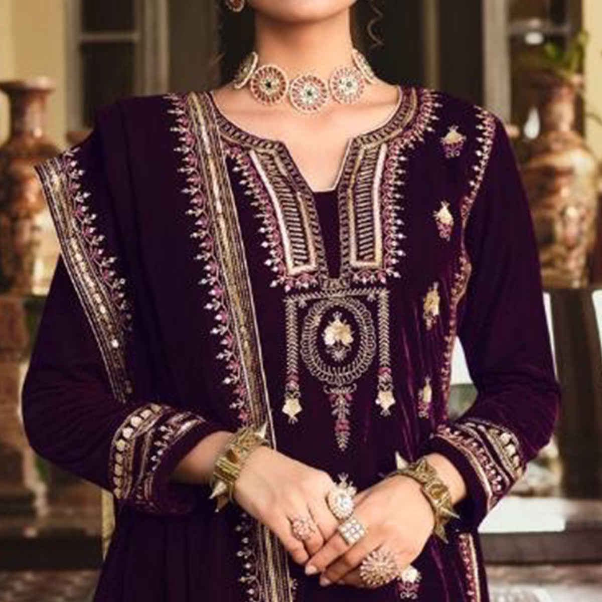 Purple Embroidered Velvet Pakistani Suit