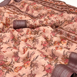 Peach Digital Printed Linen Saree
