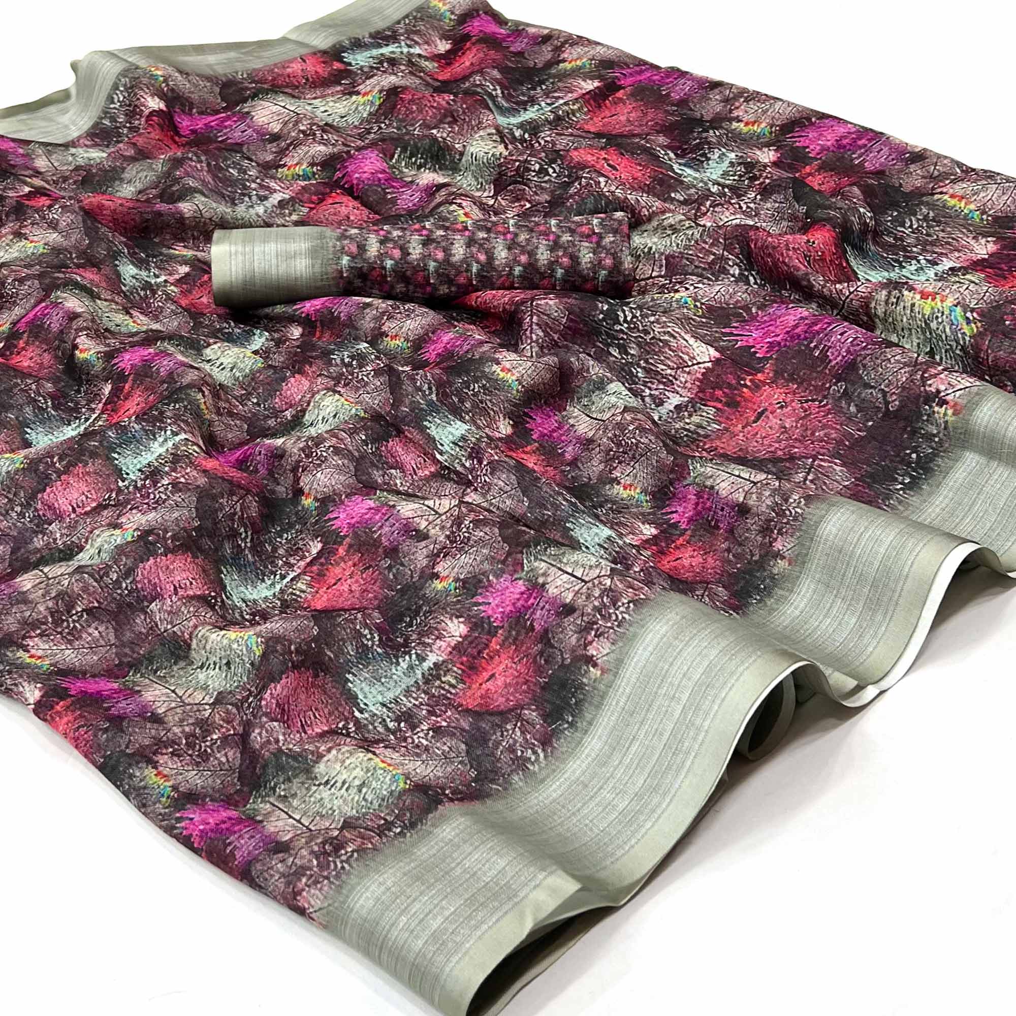 Multicolored Digital Printed Linen Saree