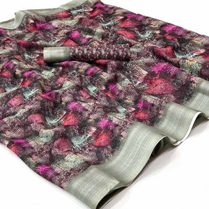Multicolored Digital Printed Linen Saree