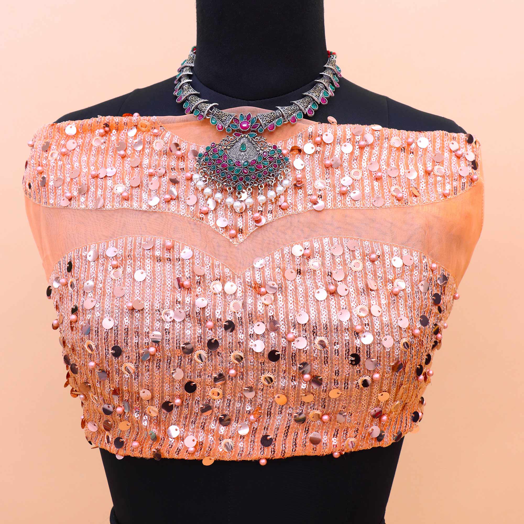 Peach Sequins Embroidered Organza Saree