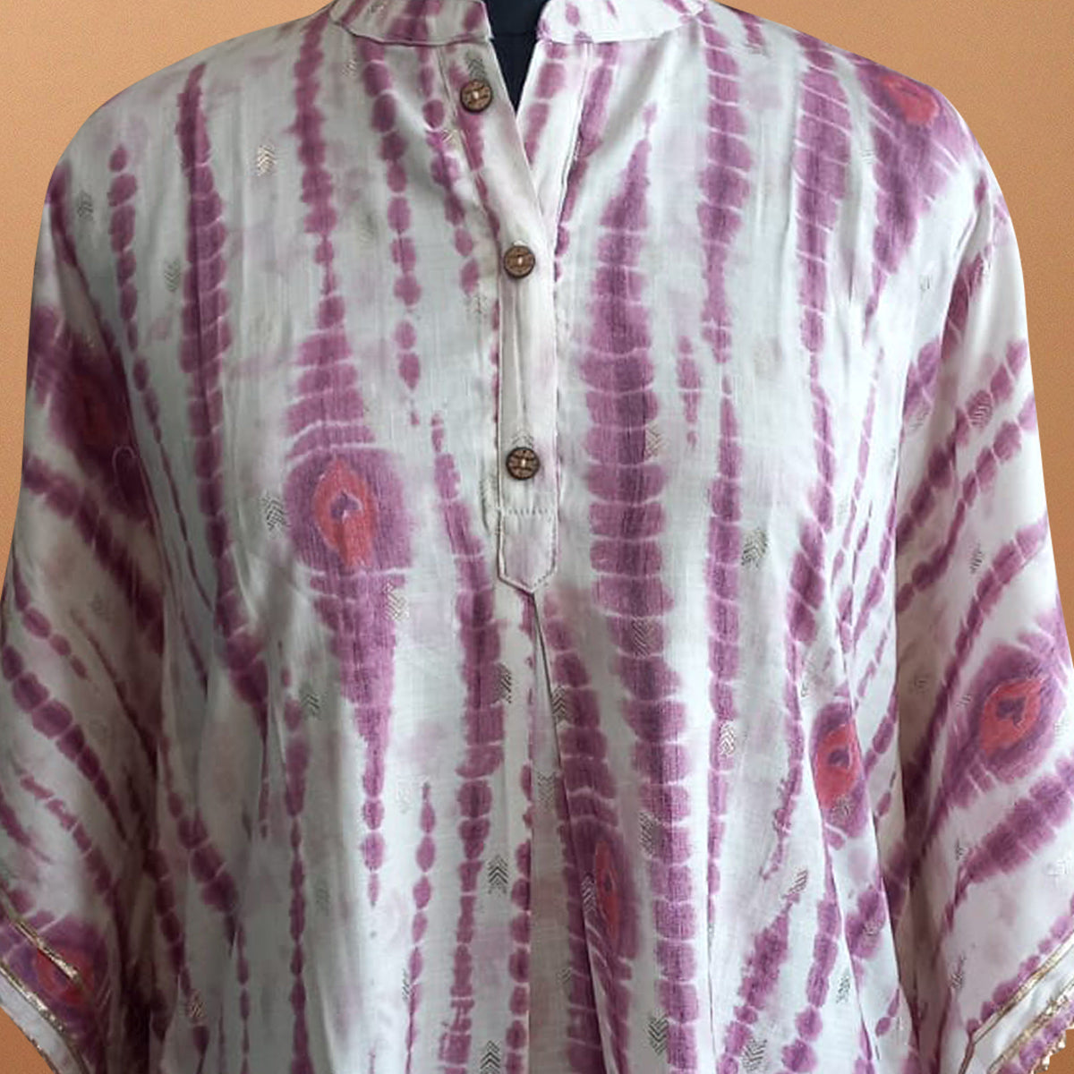 White & Purple Printed With Gota Patti Work Rayon Kaftan Top