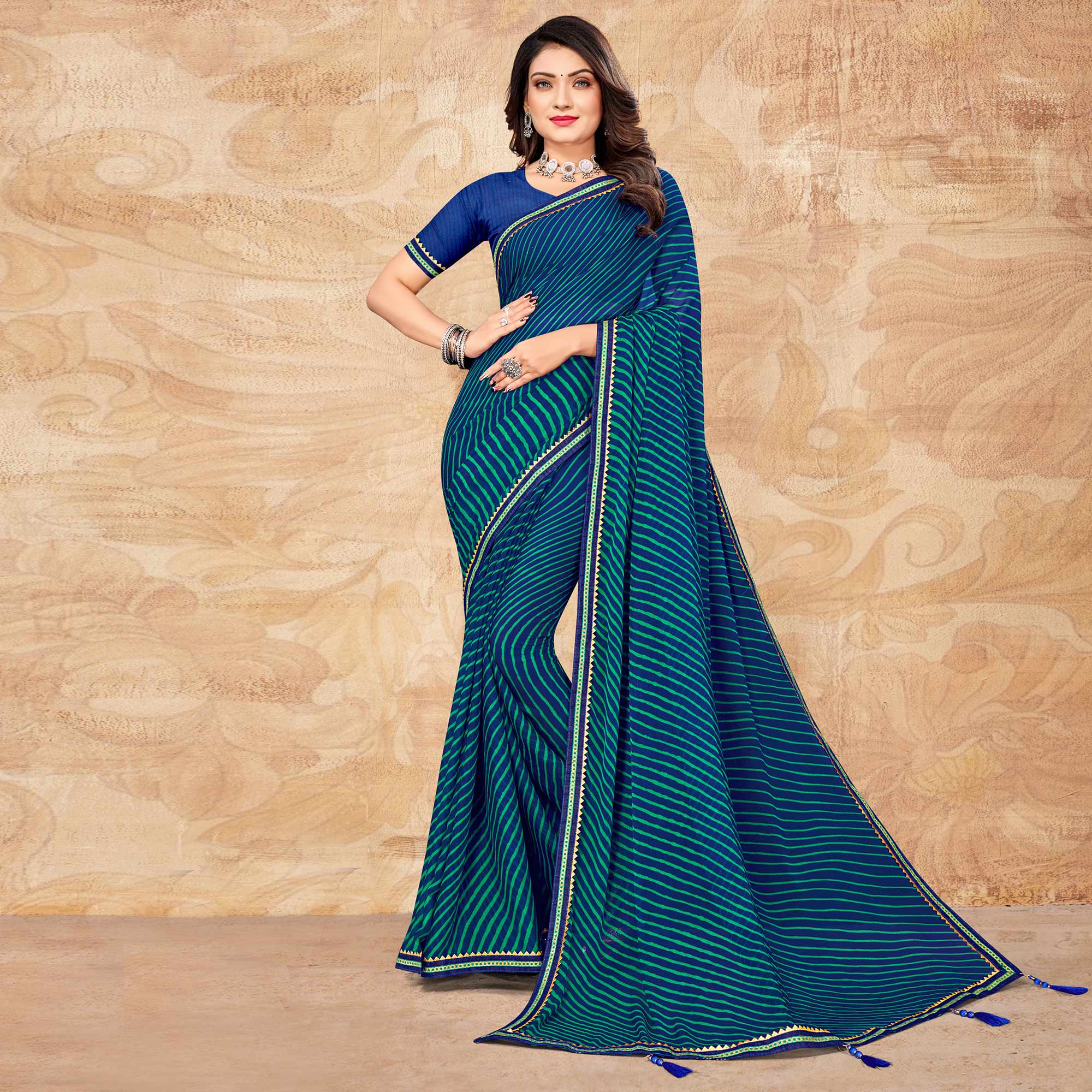 Navy Blue Digital Striped Printed Chiffon Saree With Tassels