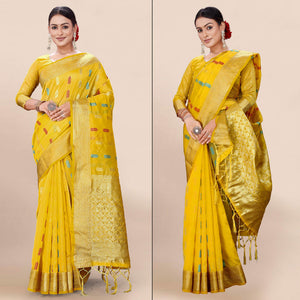 Yellow Woven Organza Saree With Tassels