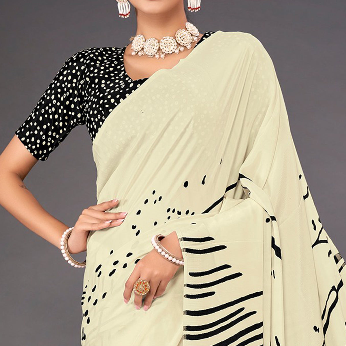 Off White Digital Printed Crepe Saree