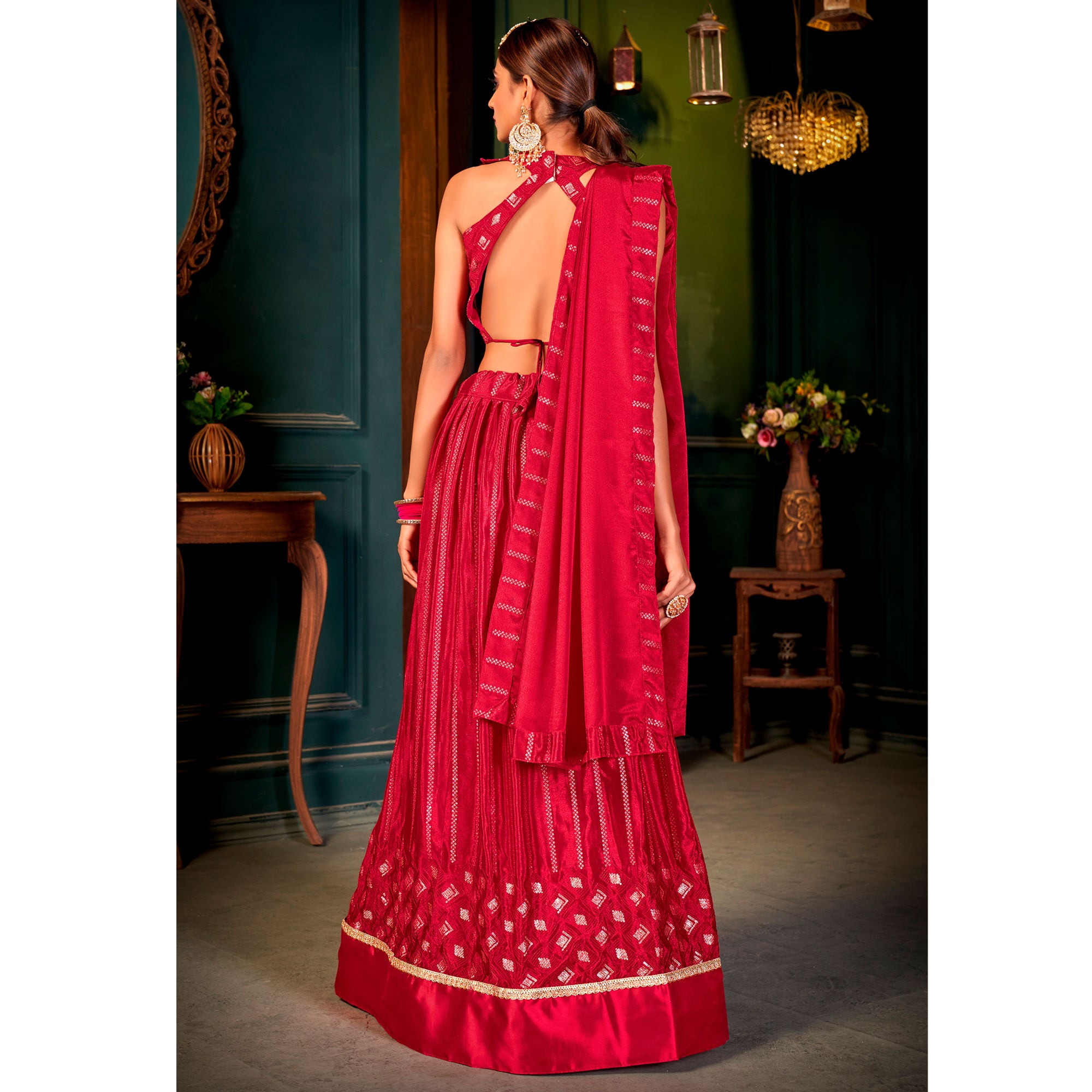 Pink Sequins Embroidered Chiffon Lehenga Choli