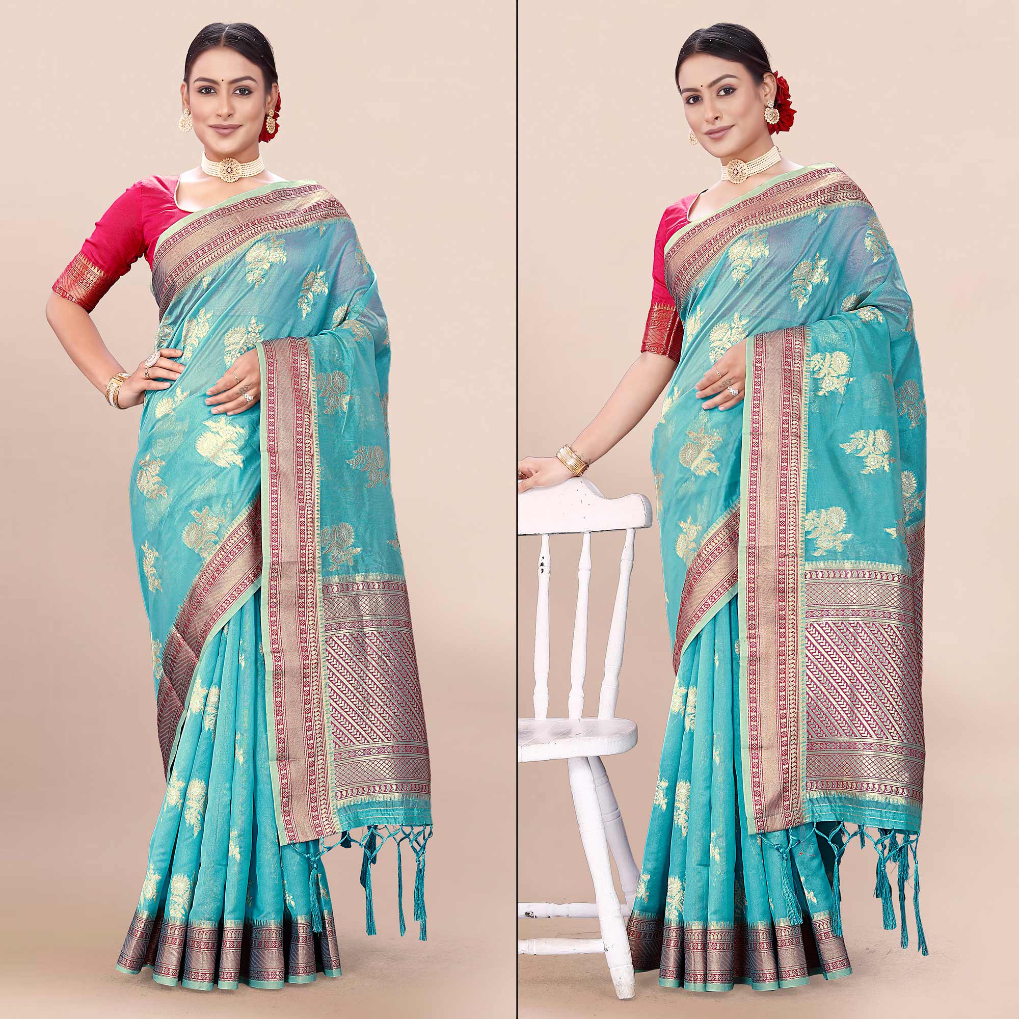 Blue Woven Organza Saree With Tassels