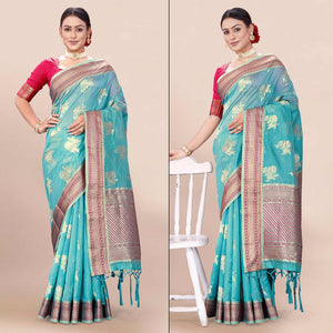 Blue Woven Organza Saree With Tassels
