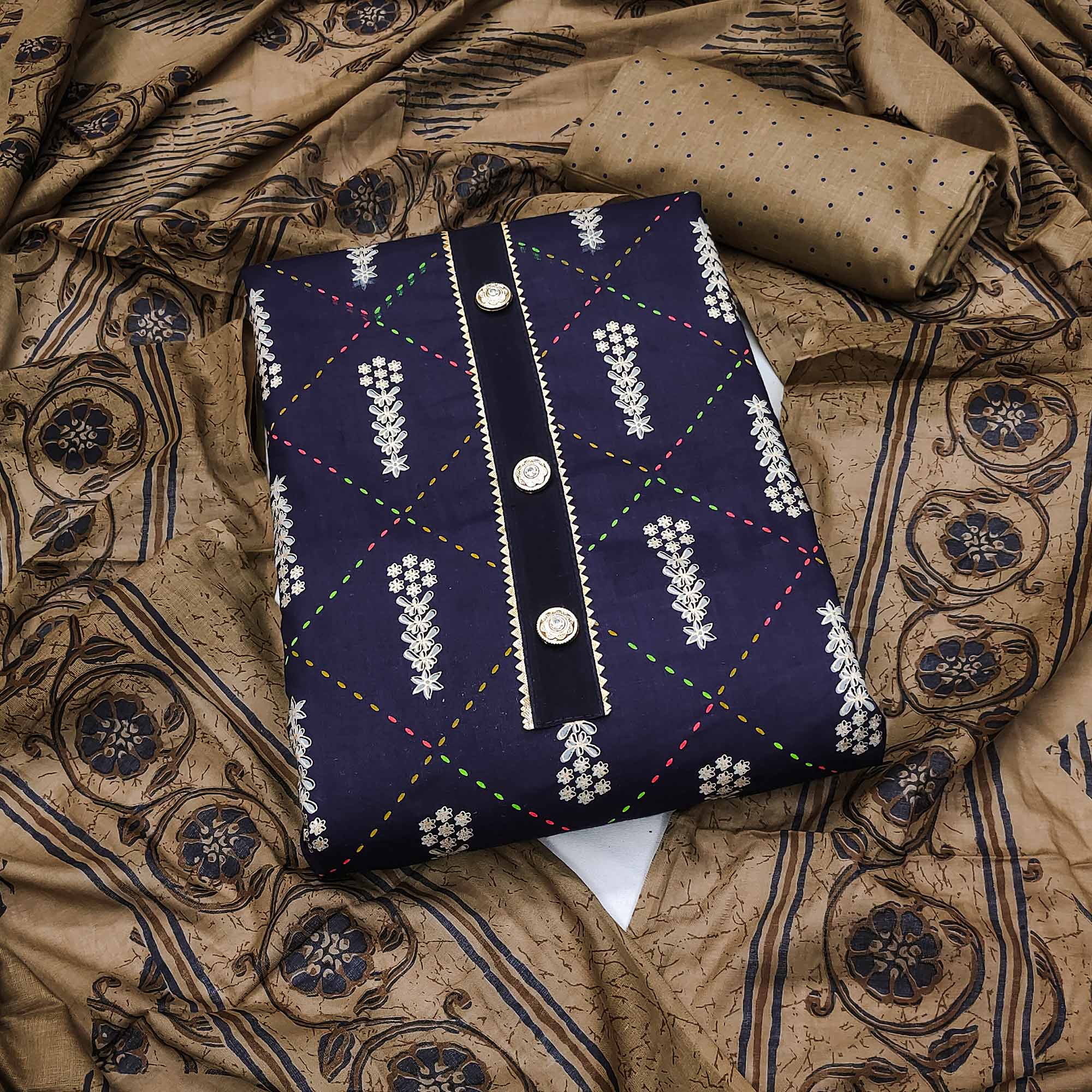 Navy Blue Printed Pure Cotton Dress Material