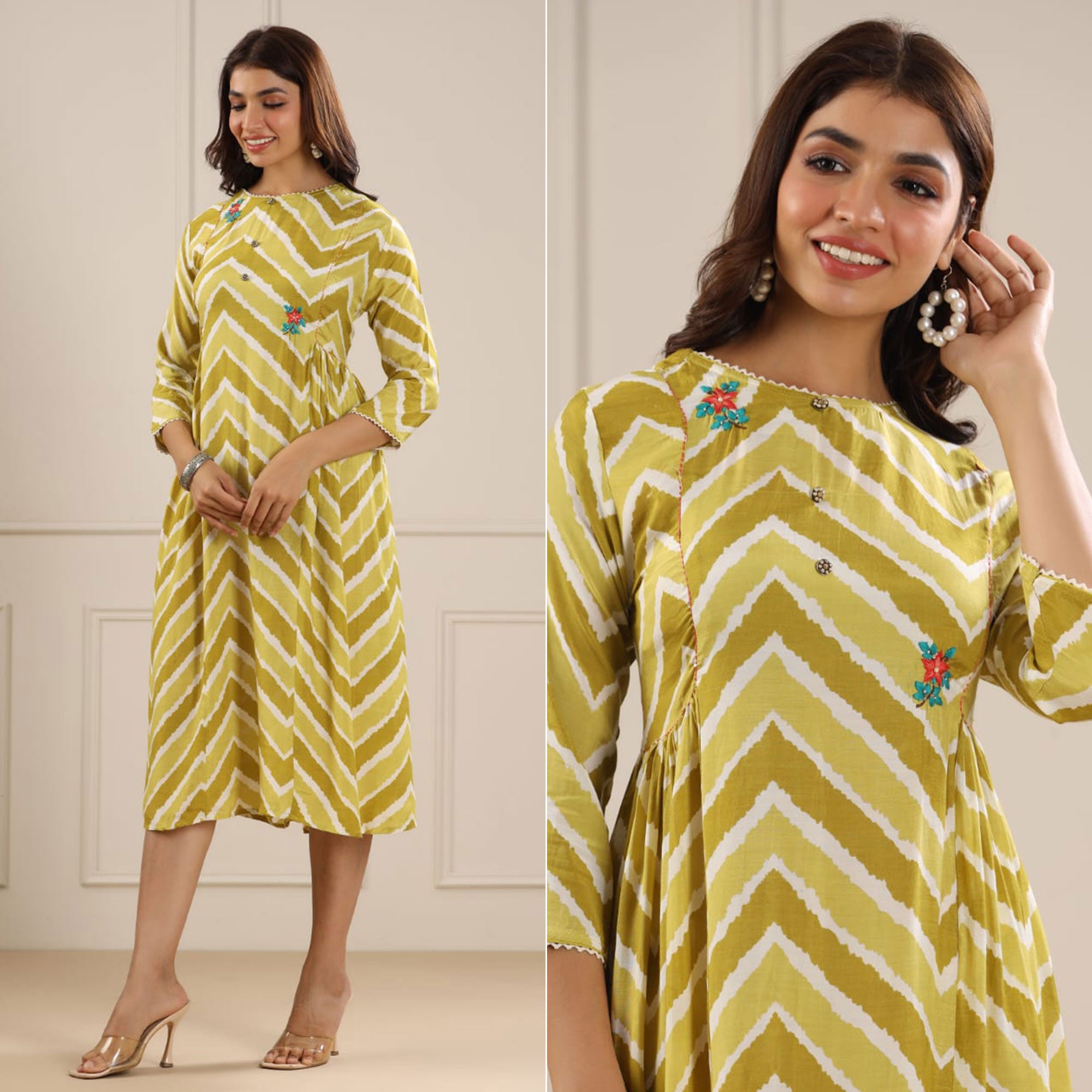 Green Floral Printed Muslin Dress