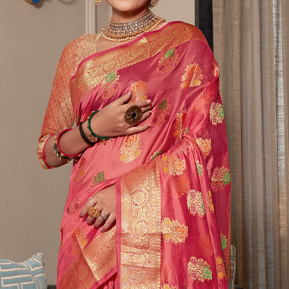Pink Floral Woven Organza Saree