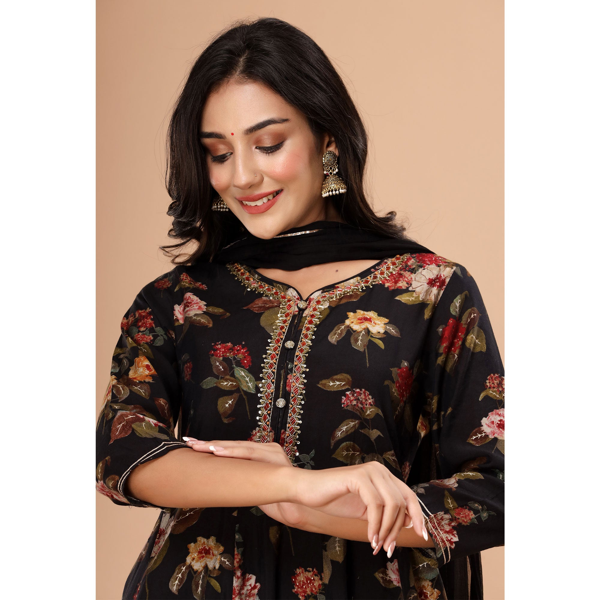 Black Floral Printed And Gota Work Muslin Anarkali Suit