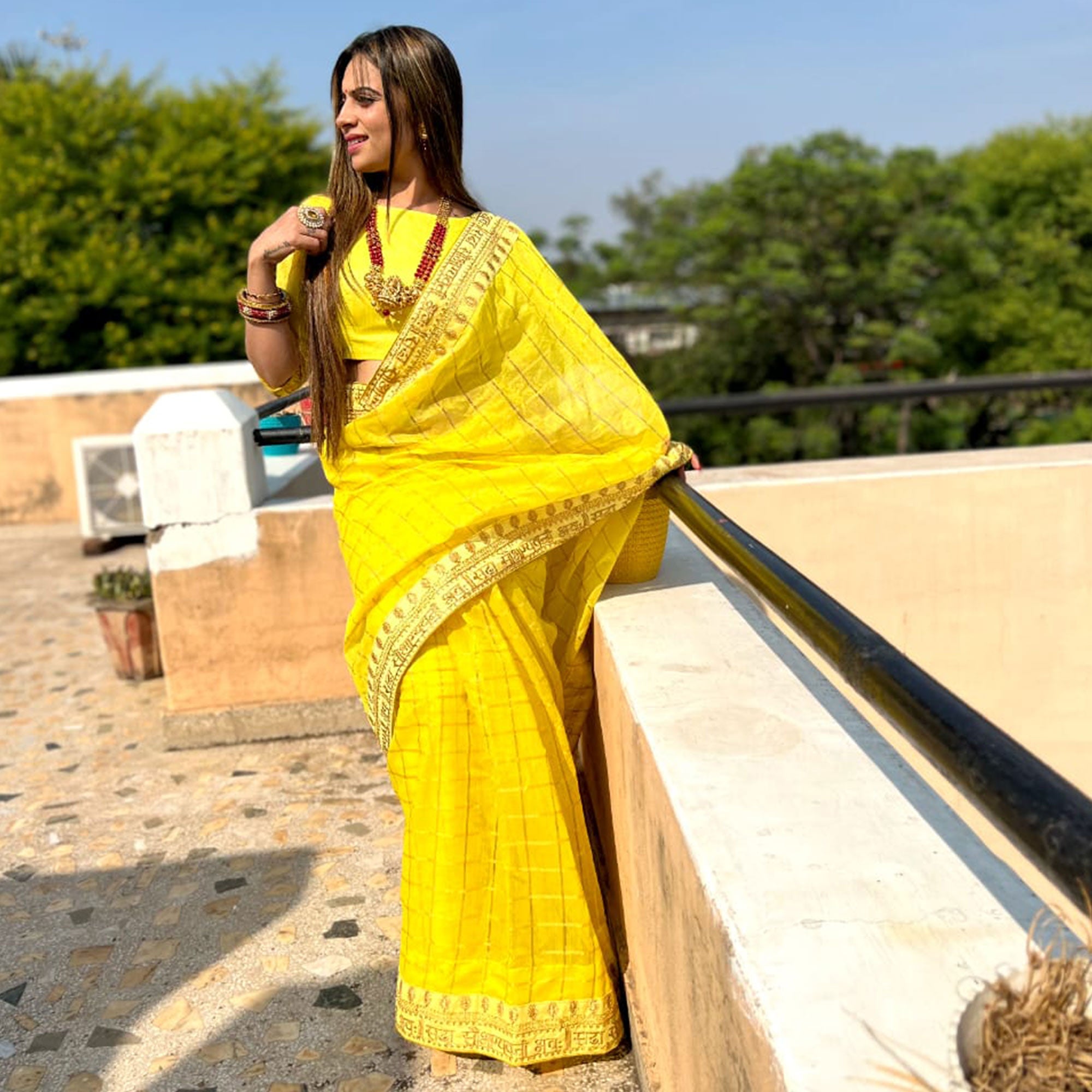 Lemon Yellow Checks With Embroidered Border Modal Saree
