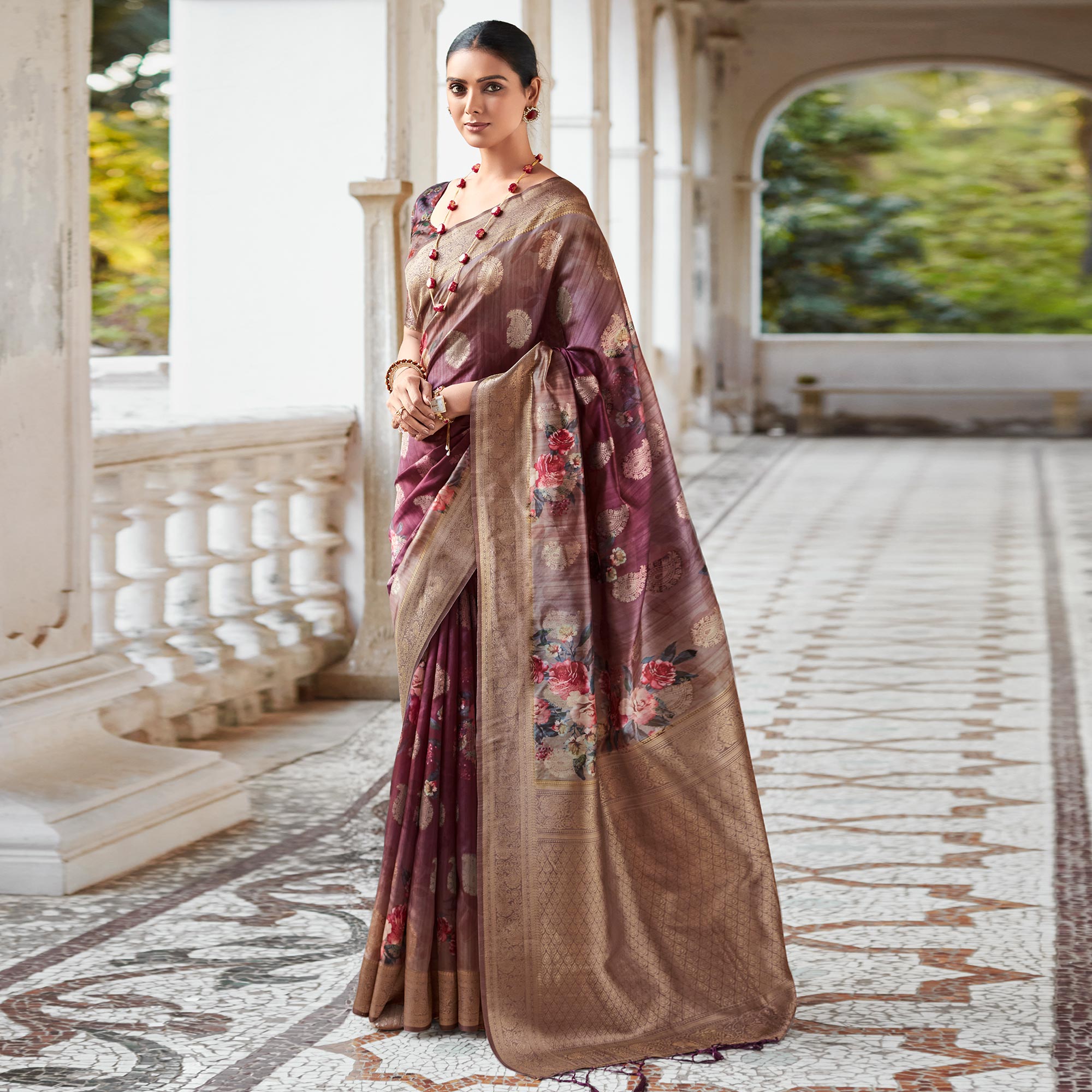 Purple Woven With Floral Printed Art Silk Saree
