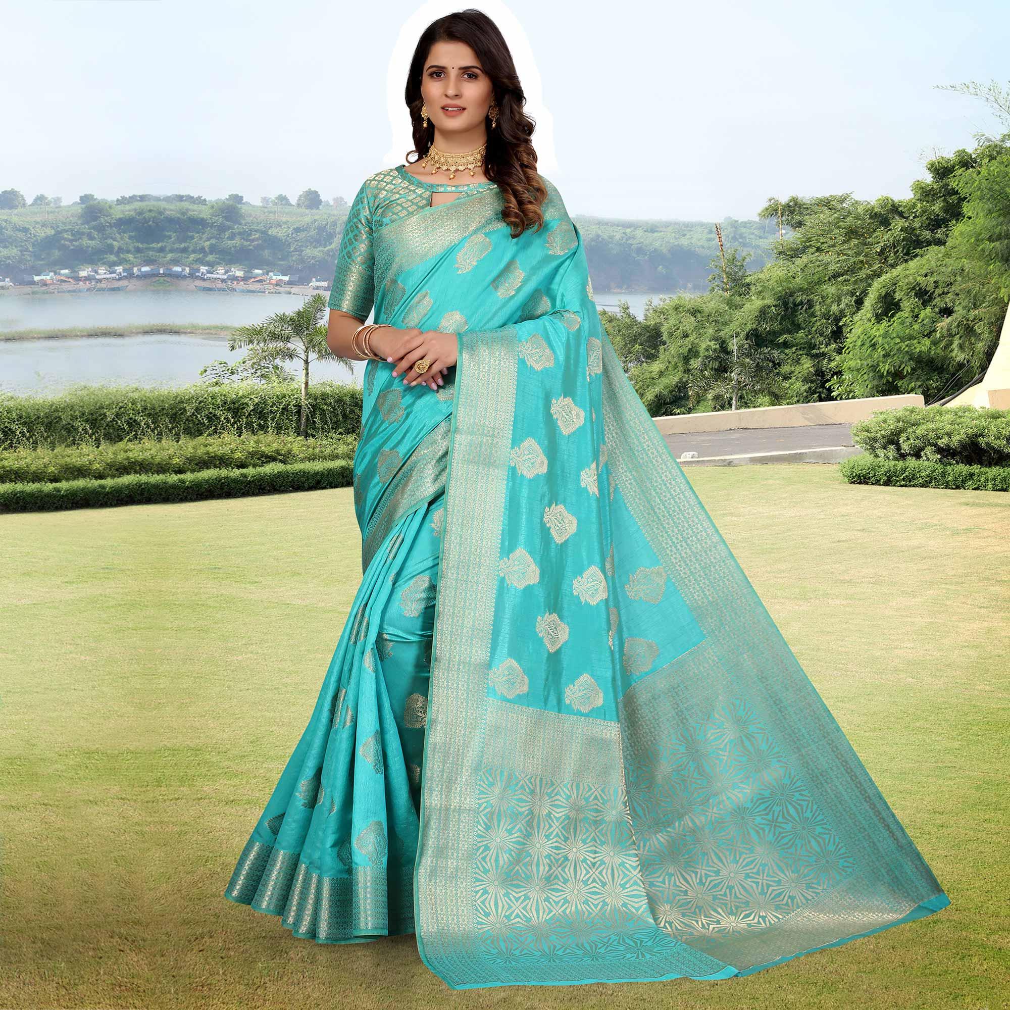 Firoji Blue Festive Wear Woven Art Silk Saree - Peachmode