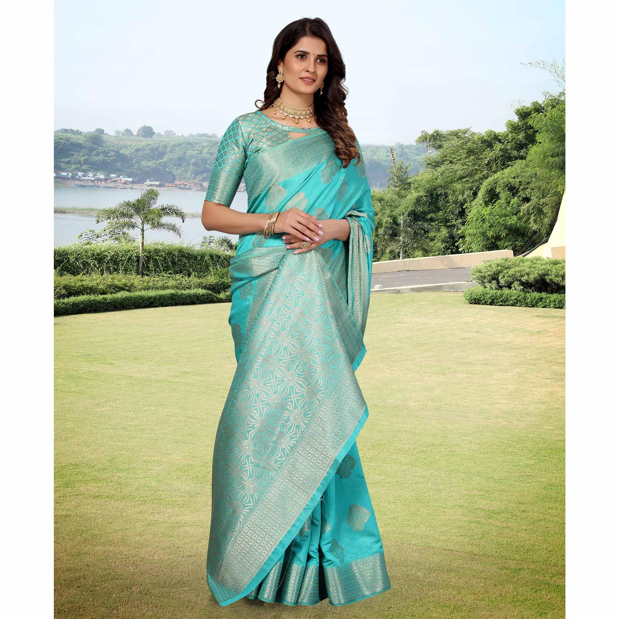 Firoji Blue Festive Wear Woven Art Silk Saree - Peachmode