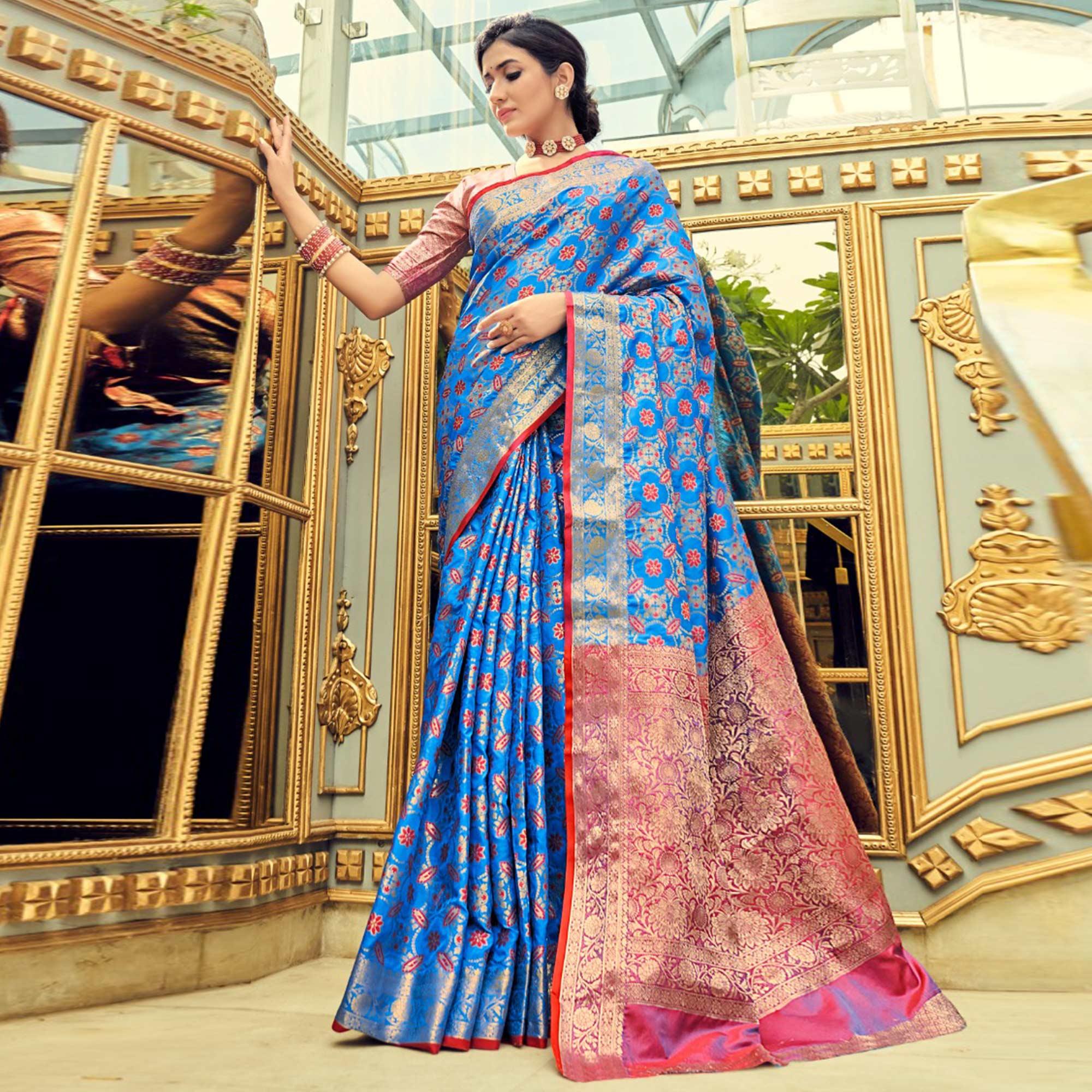 Firoji-Blue Festive Wear Woven Zari Potola Silk Saree - Peachmode