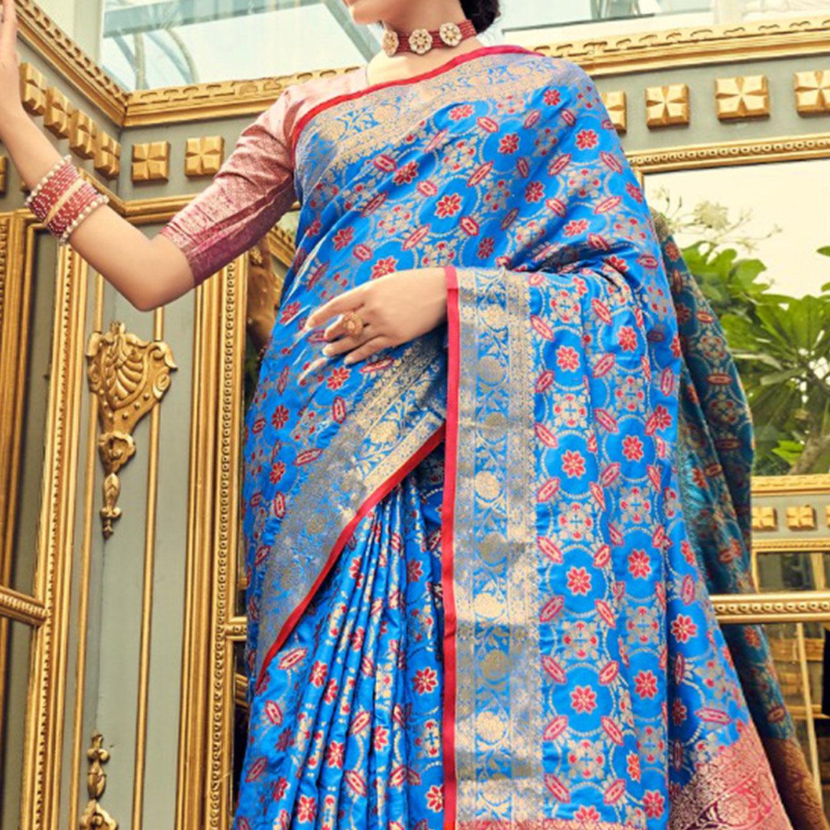 Firoji-Blue Festive Wear Woven Zari Potola Silk Saree - Peachmode